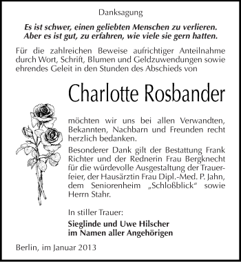 Traueranzeige von Charlotte Rosbander von Mitteldeutsche Zeitung Sangerhausen