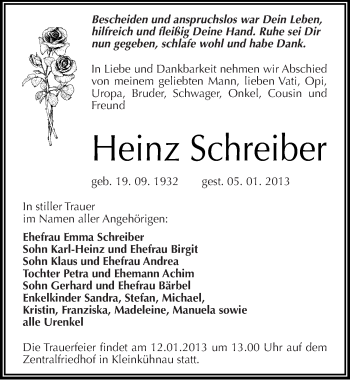 Traueranzeige von Heinz Schreiber von Mitteldeutsche Zeitung Dessau-Roßlau