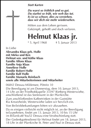 Traueranzeige von Helmut Klaas von Mitteldeutsche Zeitung Dessau-Roßlau