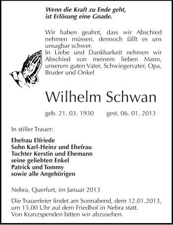 Traueranzeige von Wilhelm Schwan von Mitteldeutsche Zeitung Naumburg/Nebra