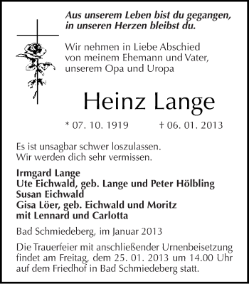Traueranzeige von Heinz Lange von Mitteldeutsche Zeitung Wittenberg