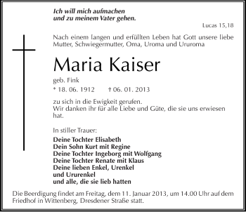 Traueranzeige von Maria Kaiser von Mitteldeutsche Zeitung Wittenberg