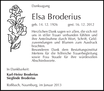 Traueranzeige von Elsa Broderius von Mitteldeutsche Zeitung Naumburg/Nebra