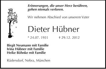 Traueranzeige von Dieter Hübner von Mitteldeutsche Zeitung Naumburg/Nebra