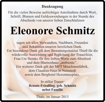 Traueranzeige von Eleonore Schmitz von Mitteldeutsche Zeitung Quedlinburg