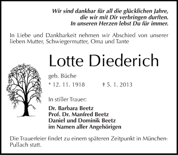 Traueranzeige von Lotte Diederich von Mitteldeutsche Zeitung Halle/Saalkreis