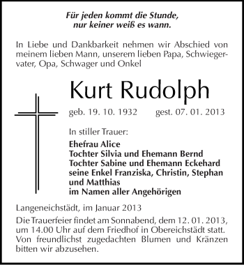 Traueranzeige von Kurt Rudolph von Mitteldeutsche Zeitung Merseburg/Querfurt