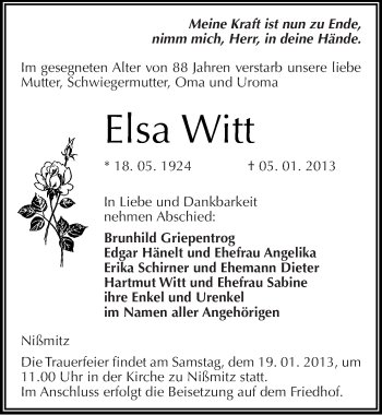Traueranzeige von Elsa Witt von Mitteldeutsche Zeitung Naumburg/Nebra
