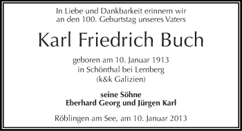 Traueranzeige von Karl Friedrich Buch von Mitteldeutsche Zeitung Mansfelder Land