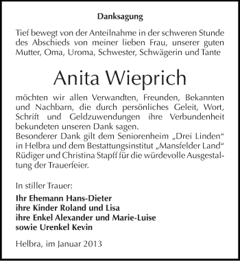 Traueranzeige von Anita Wieprich von Mitteldeutsche Zeitung Mansfelder Land