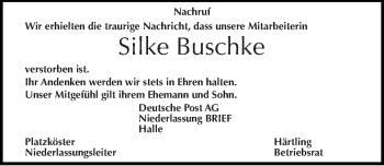 Traueranzeige von Silke Buschke von Mitteldeutsche Zeitung Merseburg/Querfurt