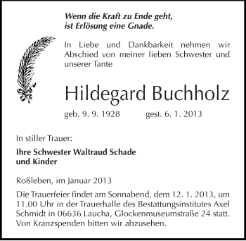 Traueranzeige von Hildegard Buchholz von Mitteldeutsche Zeitung Naumburg/Nebra
