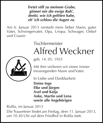 Traueranzeige von Alfred Weckner von Mitteldeutsche Zeitung Sangerhausen