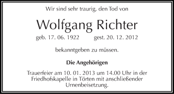 Traueranzeige von Wolfgang Richter von Mitteldeutsche Zeitung Dessau-Roßlau