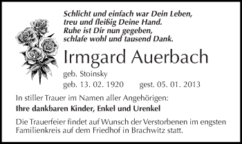 Traueranzeige von Irmgard Auerbach von Mitteldeutsche Zeitung Halle/Saalkreis