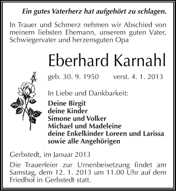 Traueranzeige von Eberhard Karnahl von Mitteldeutsche Zeitung Mansfelder Land