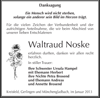 Traueranzeige von Waltraud Noske von Mitteldeutsche Zeitung Mansfelder Land