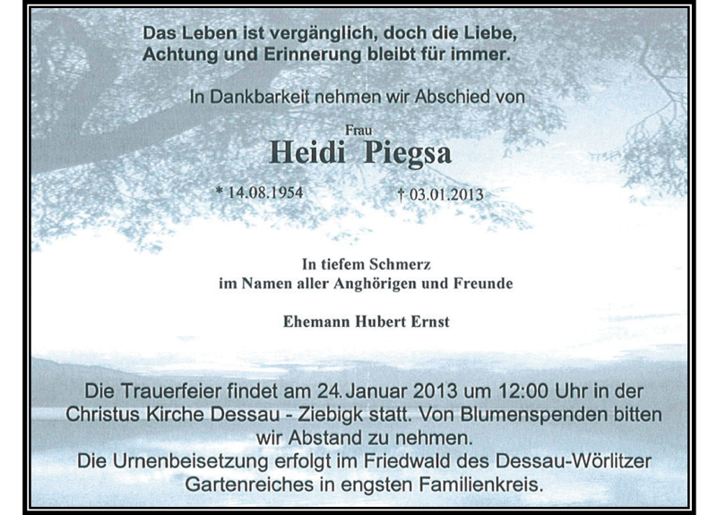  Traueranzeige für Heidi Piegsa vom 12.01.2013 aus Mitteldeutsche Zeitung Dessau-Roßlau