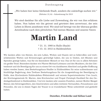 Traueranzeige von Martin Land von Mitteldeutsche Zeitung Halle/Saalkreis