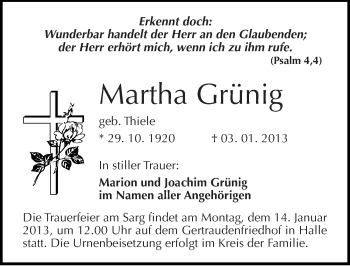 Traueranzeige von Martha Grünig von Mitteldeutsche Zeitung Halle/Saalkreis