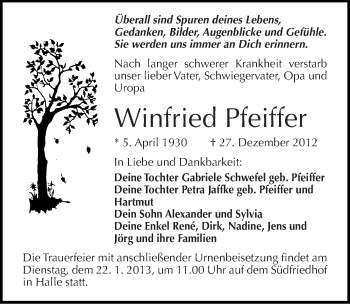 Traueranzeige von Winfried Pfeiffer von Mitteldeutsche Zeitung Halle/Saalkreis