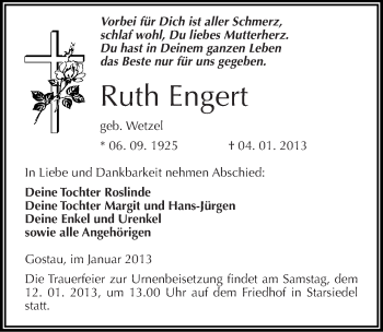 Traueranzeige von Ruth Engert von Mitteldeutsche Zeitung Weißenfels