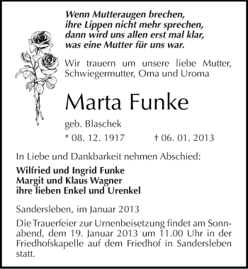 Traueranzeige von Marta Funke von Mitteldeutsche Zeitung Mansfelder Land