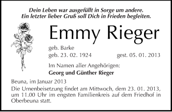 Traueranzeige von Emmy Rieger von Mitteldeutsche Zeitung Merseburg/Querfurt