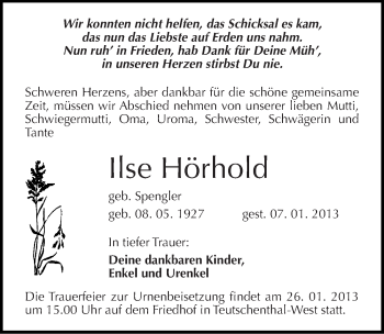 Traueranzeige von Ilse Hörhold von Mitteldeutsche Zeitung Halle/Saalkreis