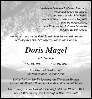 Traueranzeige von Doris Magel von Mitteldeutsche Zeitung Halle/Saalkreis