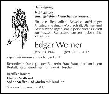 Traueranzeige von Edgar Werner von Mitteldeutsche Zeitung Halle/Saalkreis