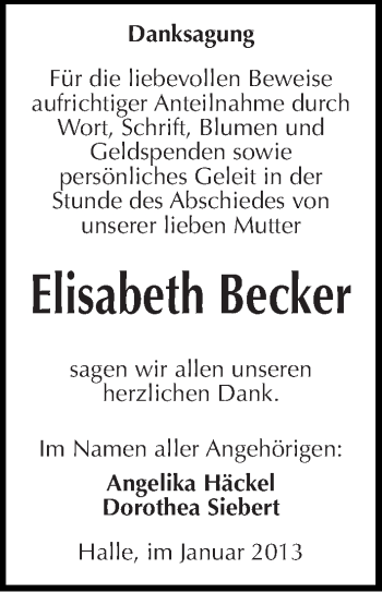 Traueranzeige von Elisabeth Becker von Mitteldeutsche Zeitung Halle/Saalkreis