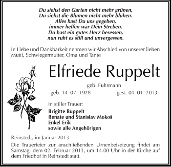 Traueranzeige von Elfriede Ruppelt von Mitteldeutsche Zeitung Aschersleben
