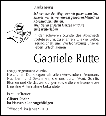 Traueranzeige von Gabriele Rutte von Mitteldeutsche Zeitung Naumburg/Nebra