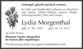Traueranzeige von Lydia Morgenthal von Mitteldeutsche Zeitung Halle/Saalkreis
