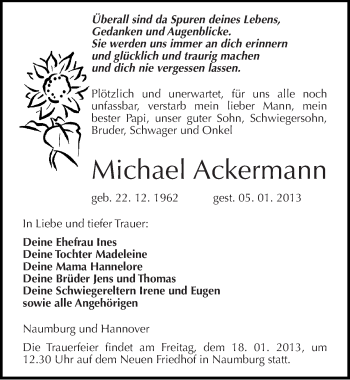 Traueranzeige von Michael Ackermann von Mitteldeutsche Zeitung Naumburg/Nebra
