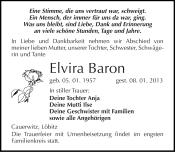 Traueranzeige von Elvira Baron von Mitteldeutsche Zeitung Naumburg/Nebra