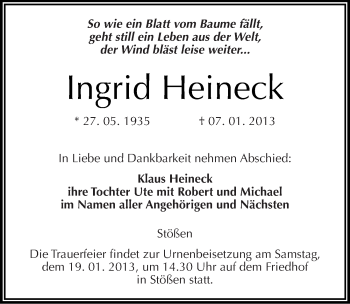 Traueranzeige von Ingrid Heineck von Mitteldeutsche Zeitung Naumburg/Nebra