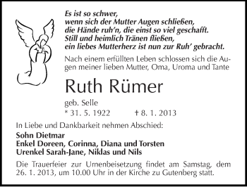 Traueranzeige von Ruth Rümer von Mitteldeutsche Zeitung Halle/Saalkreis