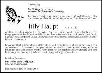 Traueranzeige von Tilly Haupt von Mitteldeutsche Zeitung Mansfelder Land