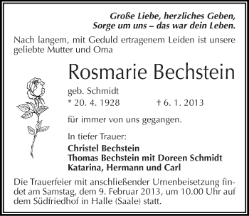 Traueranzeige von Rosmarie Bechstein von Mitteldeutsche Zeitung Halle/Saalkreis