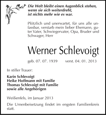 Traueranzeige von Werner Schlevoigt von Mitteldeutsche Zeitung Weißenfels