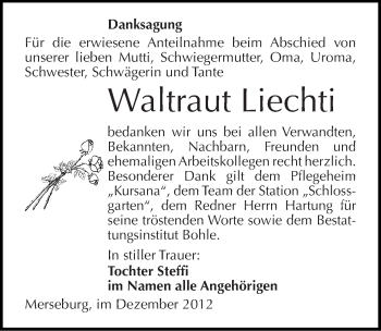 Traueranzeige von Waltraut Liechti von Mitteldeutsche Zeitung Merseburg/Querfurt