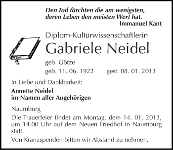 Traueranzeige von Gabriele Neidel von Mitteldeutsche Zeitung Naumburg/Nebra