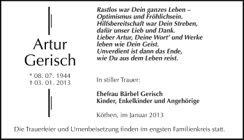 Traueranzeige von Artur Gerisch von Mitteldeutsche Zeitung Köthen