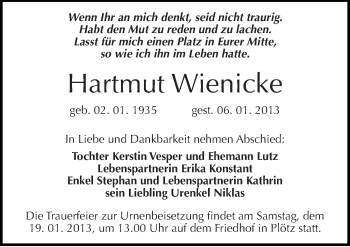 Traueranzeige von Hartmut Wienicke von Mitteldeutsche Zeitung Halle/Saalkreis