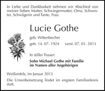 Traueranzeige von Lucie Gothe von Mitteldeutsche Zeitung Weißenfels