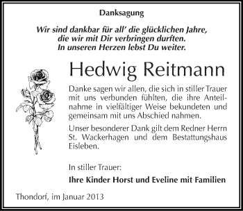 Traueranzeige von Hedwig Reitmann von Mitteldeutsche Zeitung Mansfelder Land