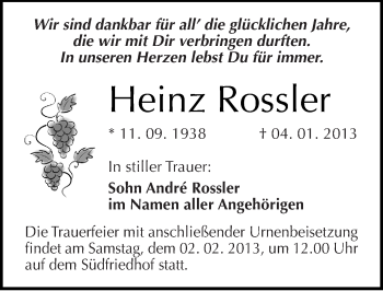 Traueranzeige von Heinz Rossler von Mitteldeutsche Zeitung Halle/Saalkreis