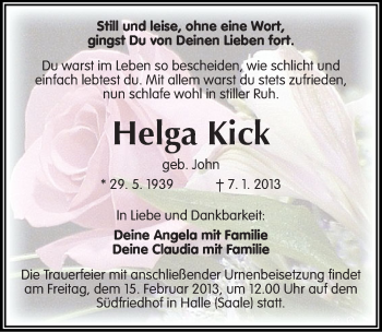 Traueranzeige von Helga Kick von Mitteldeutsche Zeitung Halle/Saalkreis